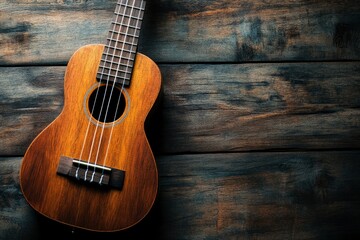 Obraz premium Close up of ukulele on old wooden background, Dark tone , ai