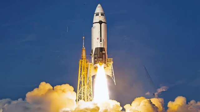 A rocket ascends majestically into the sky, leaving behind a trail of smoke and fire as it departs from the coastal launch site during early morning.