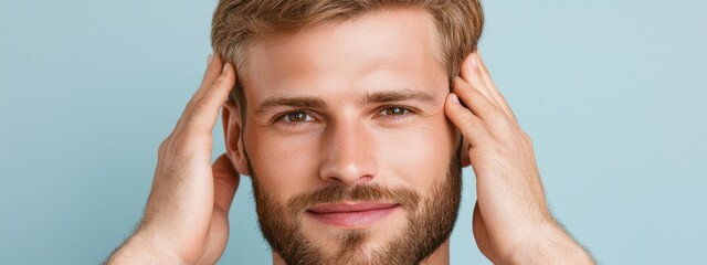 Obraz premium A bearded man gazes at the camera, smiling, as he raises his hands to his ears