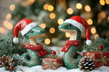 2 green wooden snakes in red hats and scarves near the Christmas tree with gift boxes. Blured background. Christmas greeting card image. .