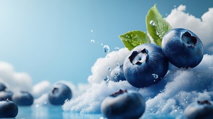 Blueberry floating among fluffy clouds with cool sunlight.