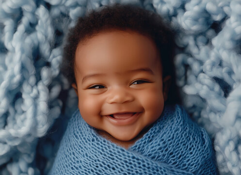 A portrait of smiling baby wrapped in blue blanket, studio photo concept. Beautiful close up portrait