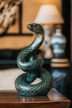 Green snake statue made of wood in the living room interior. Blured background. Vertical image. 