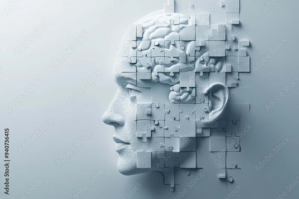Poster abstract digital portrait of a woman with a fragmented face symbolizing mental health cognitive func