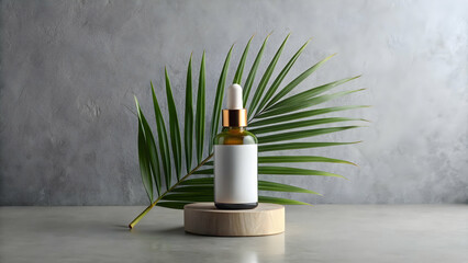 Minimalist hyaluronic acid serum blank label with palm leaf on grey color background bottle with a palm leaf backdrop