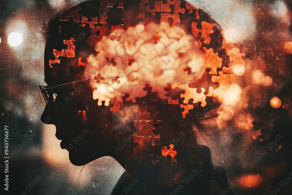 Poster surreal portrait of a man with glowing brain fragments symbolizing cognitive function mental health 