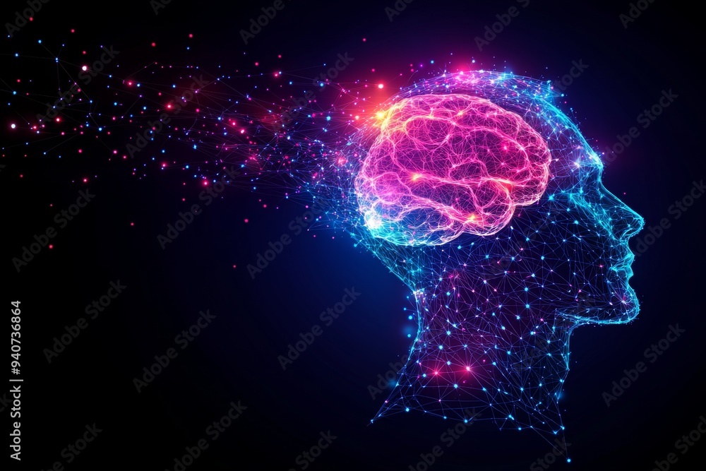 Poster futuristic digital illustration of a human head with glowing brain fragments symbolizing intelligenc