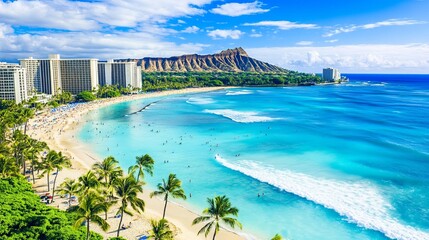 Waikiki Beach and Diamond Head stand as iconic symbols of Honolulu, Hawaii.