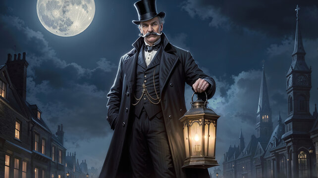 A man in a top hat and a long coat is holding a lantern