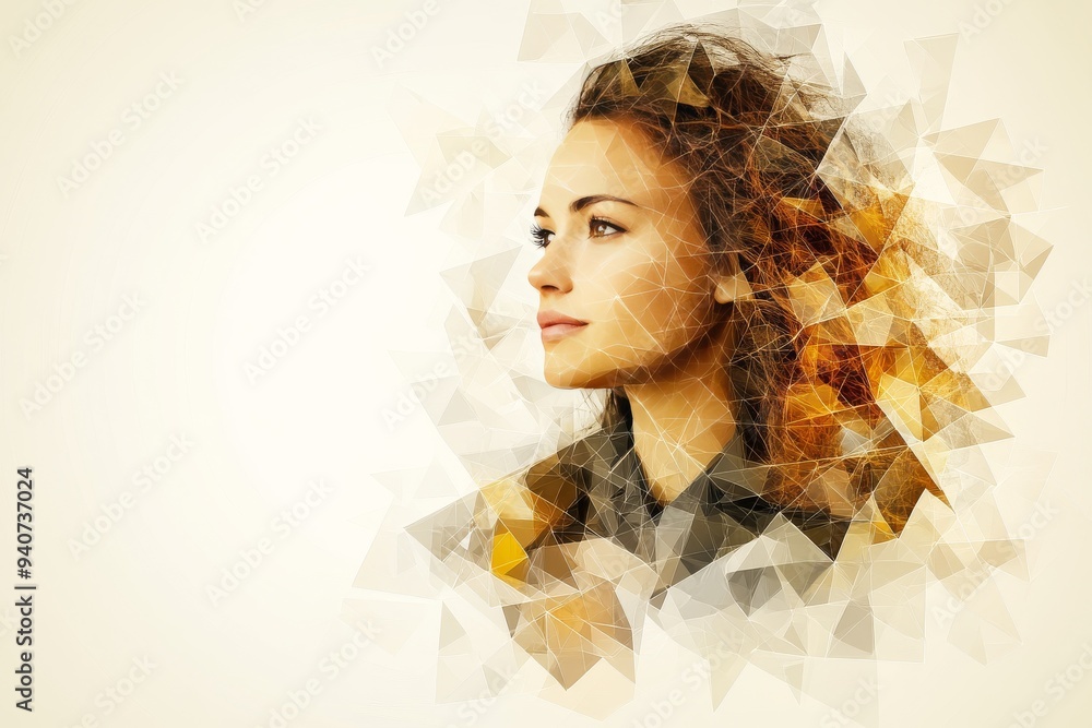 Poster surreal abstract portrait of a woman with fragmented geometric shapes symbolizing mental health cogn