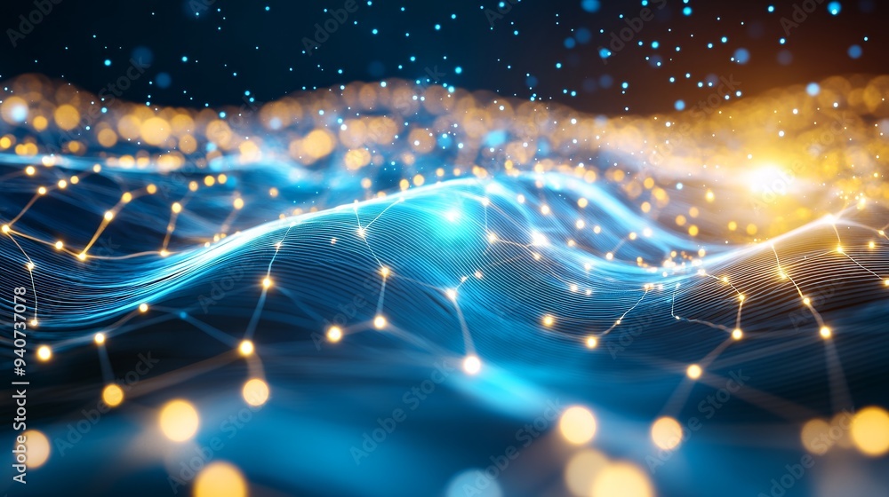 Poster abstract digital wave with dynamic nodes and glowing particles in a futuristic background.