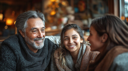 A family gathering in a cozy living room, with multigenerational members sharing stories and laughter, surrounded by cultural artifacts, with copy space