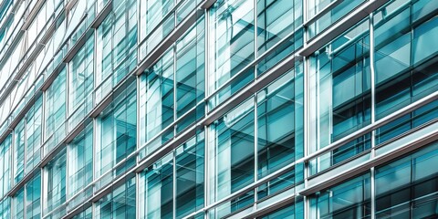 Obraz premium Close-up view of a modern steel and glass facade showcasing contemporary architecture in a bustling urban environment