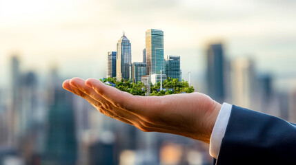 Businessman hand holding building model over blurred cityscape background, real estate concept