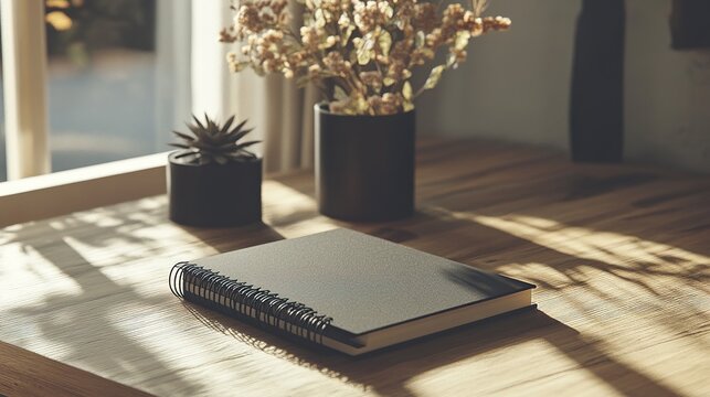 Black spiral notebook on wooden desk, cozy and warm setup for productivity or journaling