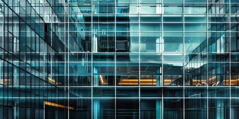 Obraz premium Close-up view of a modern steel and glass facade showcasing intricate architectural design and urban reflections in a city environment