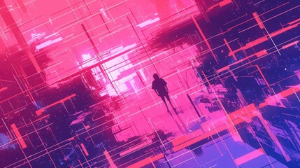 Obraz premium A lone figure stands in a neon-lit, digital space, surrounded by geometric shapes and vibrant colors.