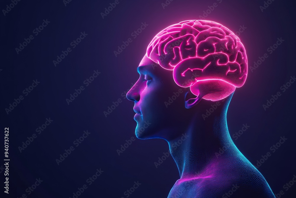 Poster vibrant digital portrait of a man with a glowing brain symbolizing intelligence mental health and ne