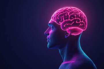 Obraz premium Vibrant digital portrait of a man with a glowing brain symbolizing intelligence mental health and neural connectivity in a futuristic high tech design with a neon color scheme