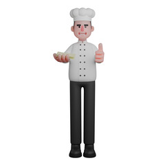 3D Culinary Chef Male. A chef is smiling while holding money in one hand and giving a thumbs up with the other. Professional Illustration