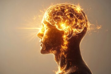 Obraz premium Surreal digital illustration of a glowing brain in a human head symbolizing intelligence cognitive function and the power of thought in a vibrant high energy design