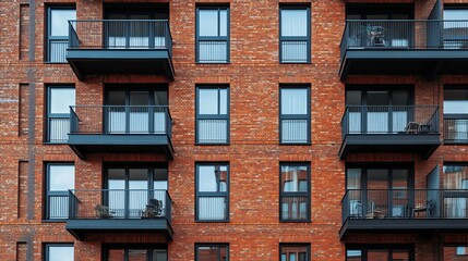 Obraz premium The newly constructed brick apartment house showcases a modern and stylish design, highlighted by its elegant balconies and windows.