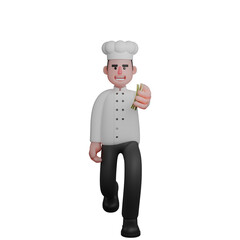 Professional Male Chef in 3D Animation. A chef is confidently walking forward, holding money in one hand. Culinary