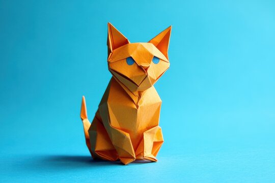 origami art of cat on solid blue background, origami craft for kids 