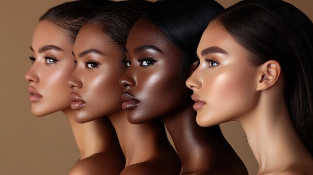 Young woman with Contour and Highlight makeup sample,Young beautiful womman applying makeup using a brush,multiracial ladies ,Professional Contouring face make-up over,Make up woman face.