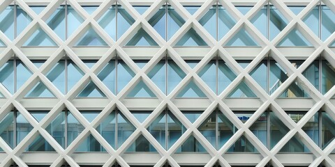 Closeup of a modern architectural facade highlighting abstract geometric patterns and large glass windows in a contemporary urban setting