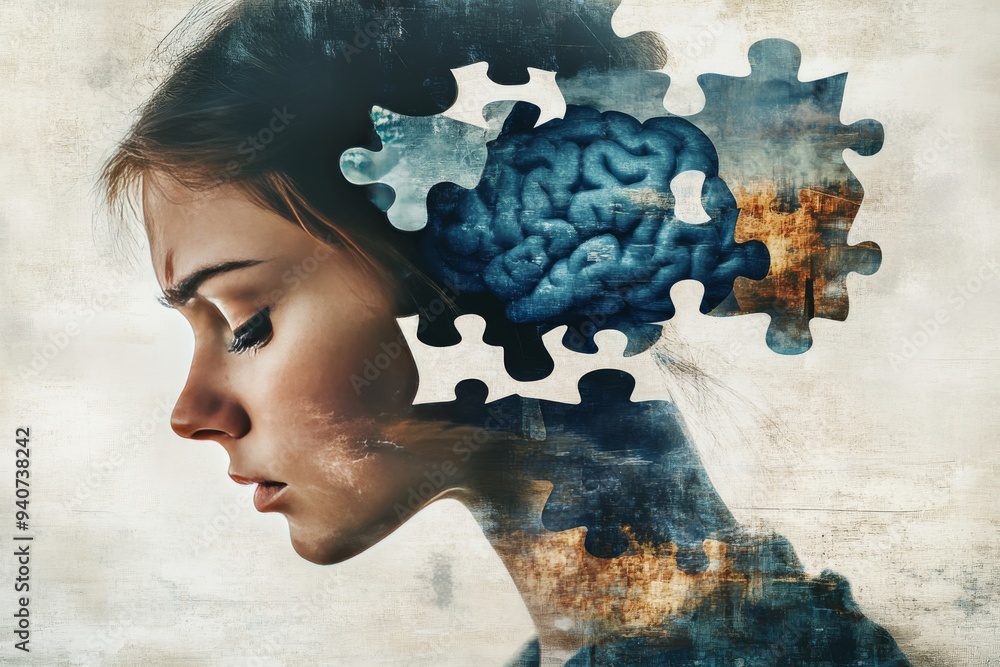 Aufkleber surreal digital portrait of a woman with puzzle pieces and brain graphic symbolizing cognitive funct