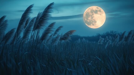 Fototapeta premium Full moon and Japanese pampas grass in midnight,The harvest Miscanthus sinensis and full moon,beautiful night sky in the countryside with the perfect moon exudes beauty in the dark.
