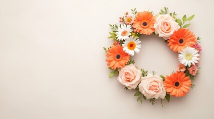 Beautiful floral wreath with vibrant roses and daisies on a light background, perfect for seasonal and decorative designs.