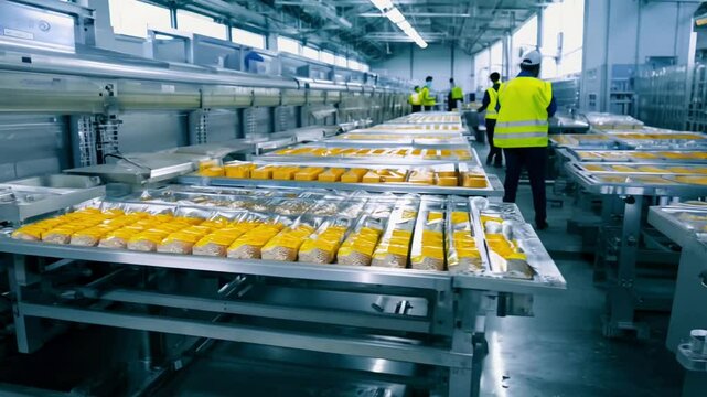 Workers streamline the packaging process in a large food manufacturing facility as dawn breaks.
