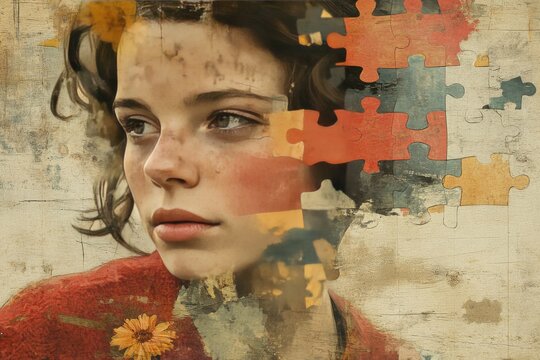 Surreal portrait of a woman with puzzle pieces merging into her face symbolizing mental health cognitive complexity and introspection in a textured emotional design
