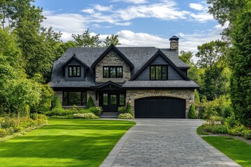 Fototapeta premium A modern house with a stone exterior and black accents. Perfect for illustrating themes of luxury, homeownership, and property.