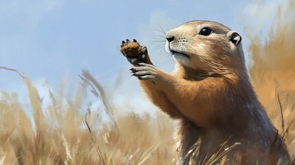 Fototapeta premium A black-tailed prairie dog is captured in a charming moment, using its dexterous paw to grasp a piece of food.