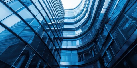 Obraz premium Closeup view of a modern architectural facade showcasing abstract lines, curves, and reflections on a clear day in an urban setting