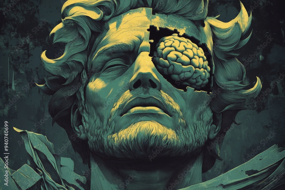 Poster surreal sculptural portrait of a man with fragmented face and puzzle pieces symbolizing mental compl