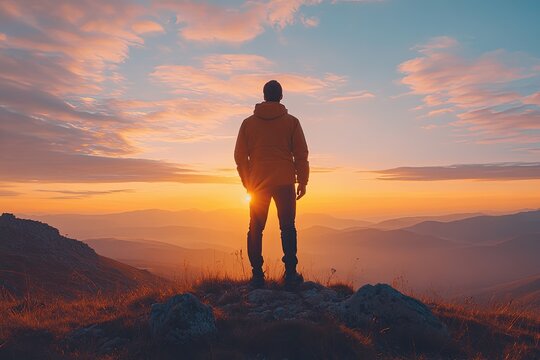 Man stands on mountaintop at sunset. This image is perfect for use in articles about nature, adventure, or personal growth.