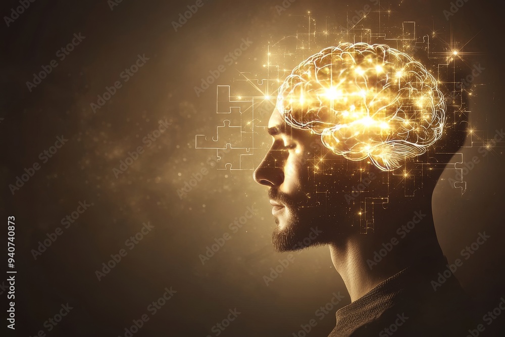Poster surreal digital portrait of a man with a glowing brain symbolizing cognitive function mental health 