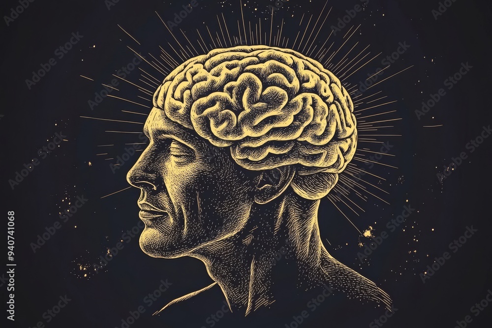 Poster digital illustration of a man with a glowing brain symbolizing intelligence cognitive function and m
