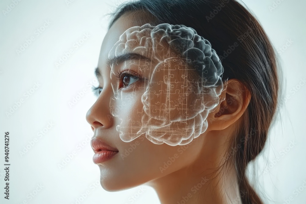 Poster minimalist digital portrait of a woman with a fragmented face and brain graphic symbolizing mental h