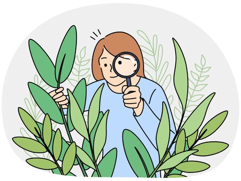 woman looking through magnifying glass at plants clip art preview