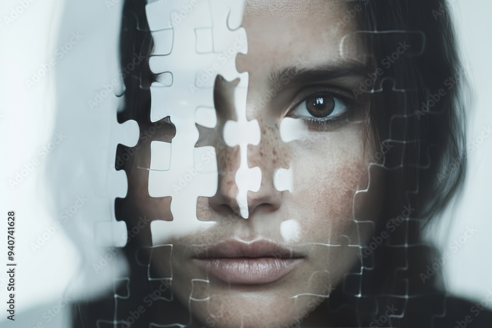 Poster surreal digital portrait of a woman with fragmented facial features symbolizing mental health cognit