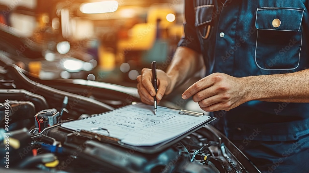Aufkleber a mechanic writes on a clipboard while working on a car. this image is perfect for showcasing car re
