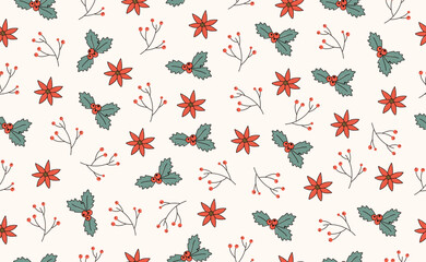 Funny Christmas seamless pattern in trendy Groovy Retro 70s style, cartoon character. Cute poinsettia, rowan branch. Vector illustration.