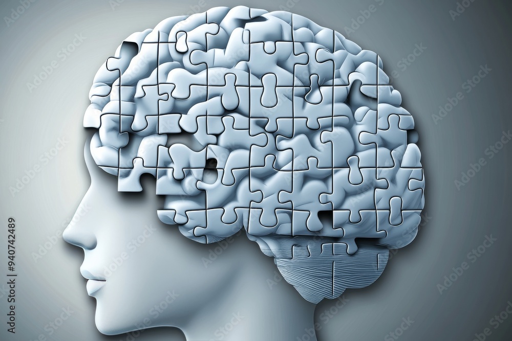 Poster minimalist vector illustration of a human brain with puzzle pieces symbolizing cognitive function me