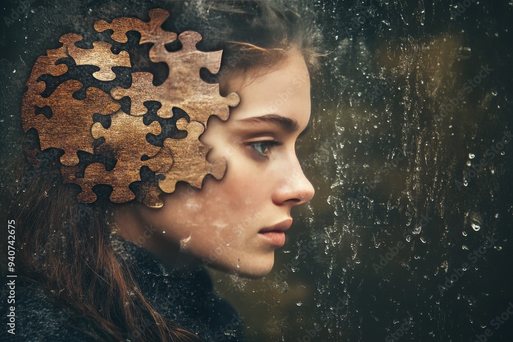 Poster surreal digital portrait of a woman with a fragmented face and puzzle pieces symbolizing cognitive c