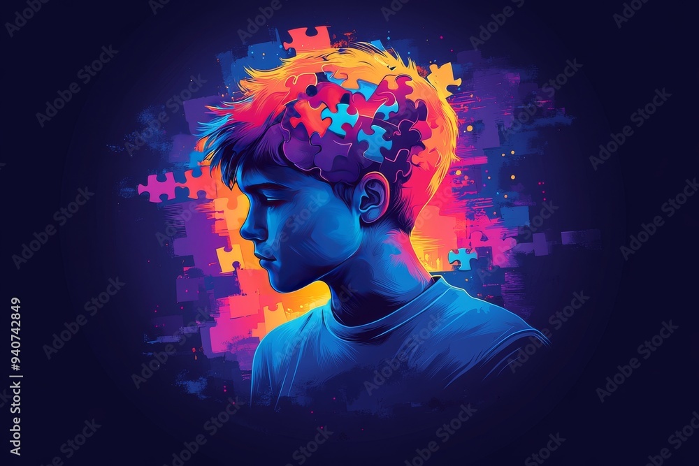Poster futuristic digital portrait of a man with glowing brain patterns symbolizing intelligence cognitive 